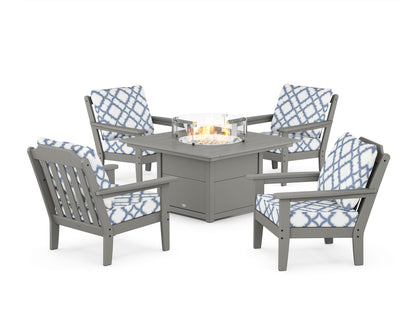 Country Living Cottage 5-Piece Deep Seating Set with Fire Pit Table in Slate Grey / Trellis Sky Blue
