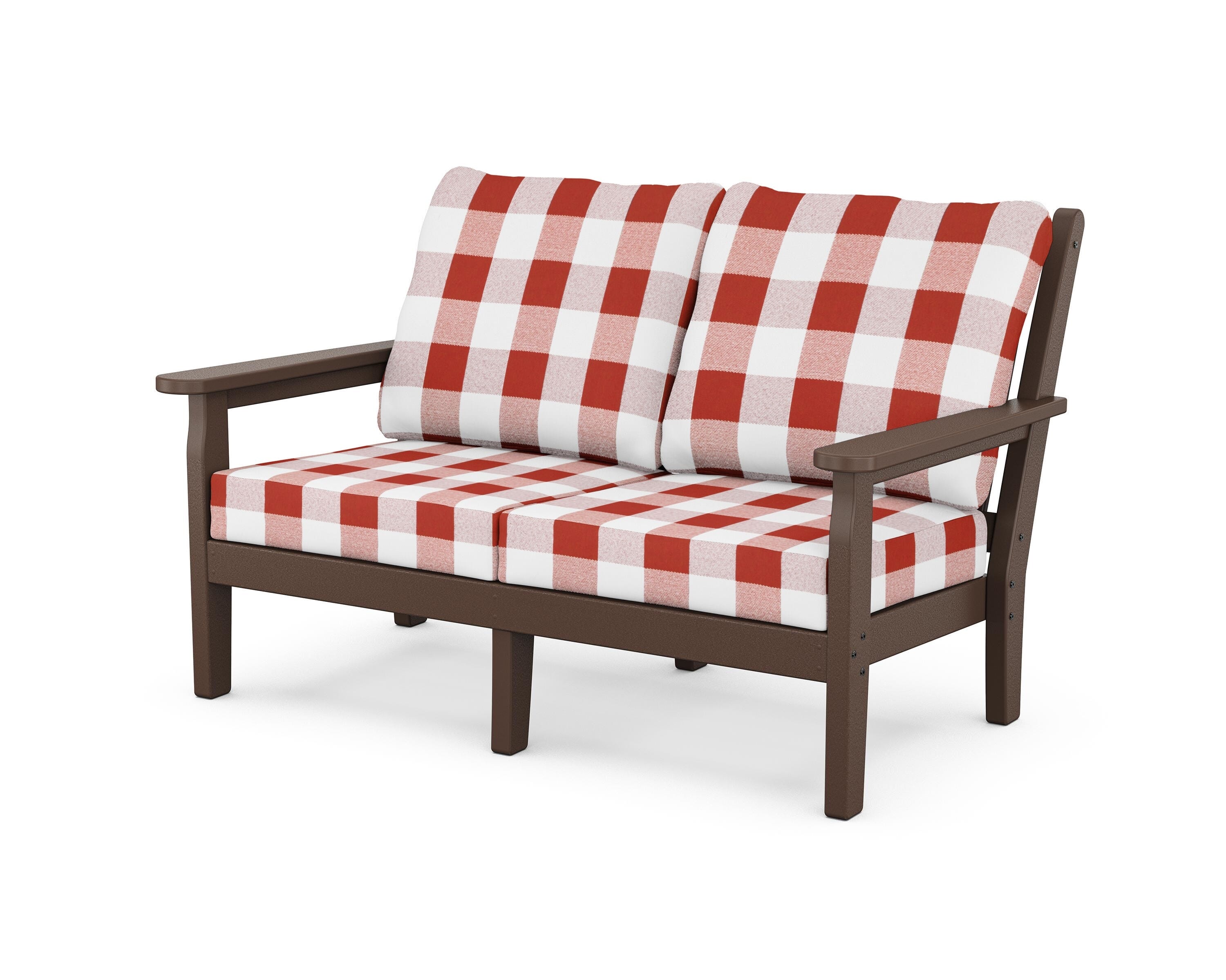 POLYWOOD® Chippendale Deep Seating Loveseat in Mahogany / Buffalo Plaid Crimson