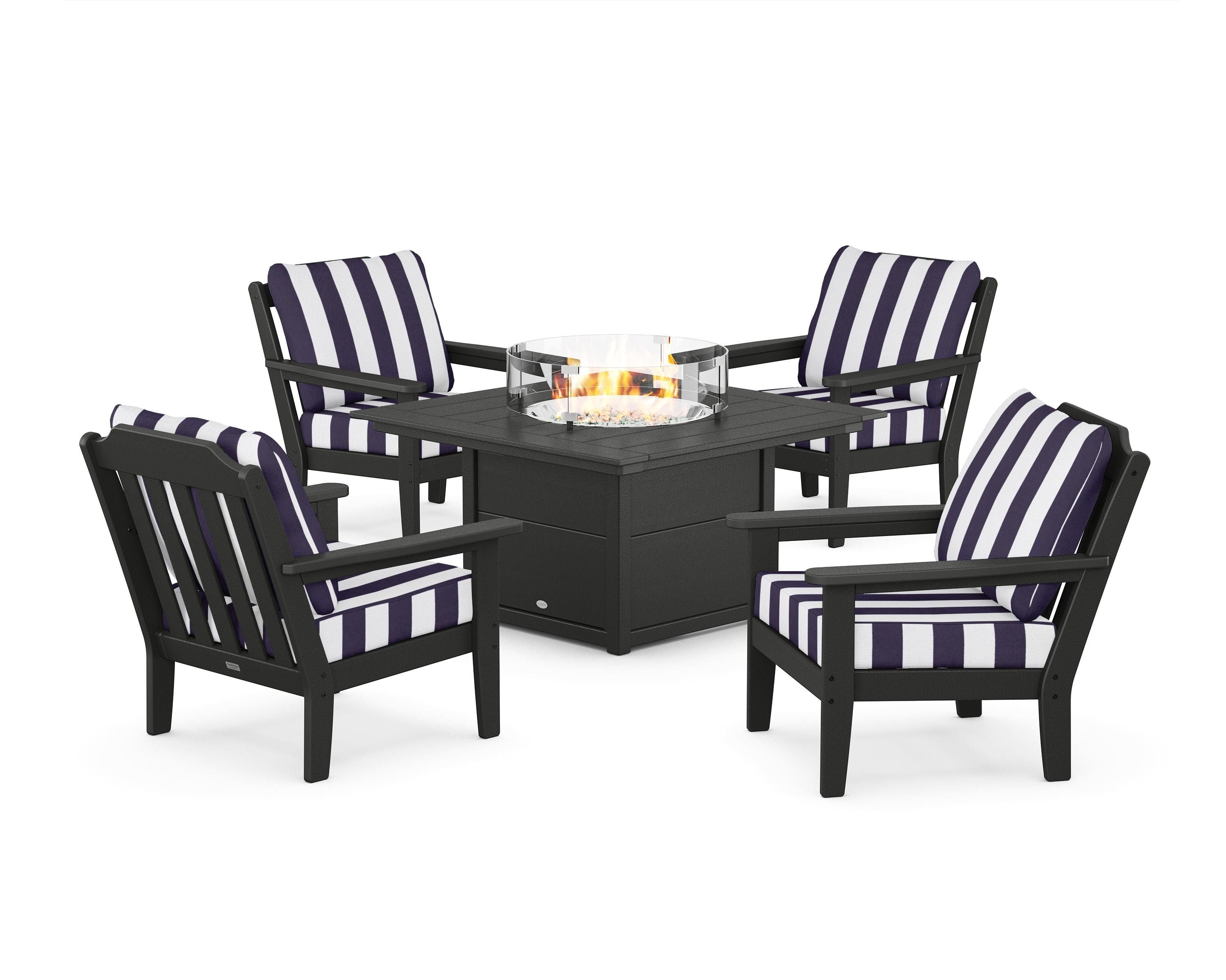 Country Living Cottage 5-Piece Deep Seating Set with Fire Pit Table in Black / Cabana Stripe Navy