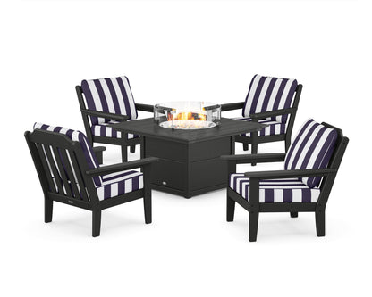 Country Living Cottage 5-Piece Deep Seating Set with Fire Pit Table in Black / Cabana Stripe Navy