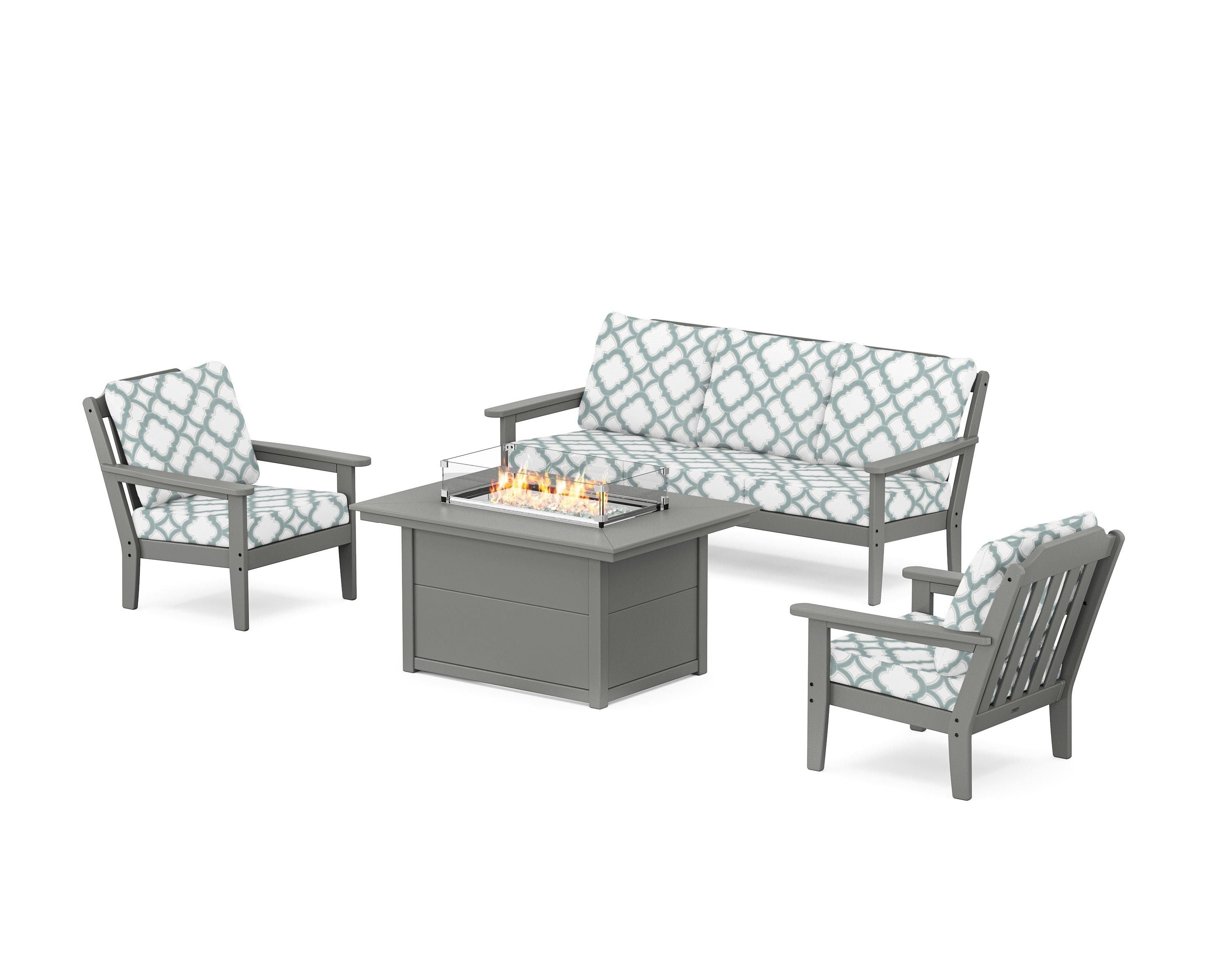 Country Living Cottage Deep Seating Fire Pit Table Set in Slate Grey / Trellis Glacier Spa
