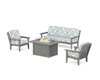 Country Living Cottage Deep Seating Fire Pit Table Set in Slate Grey / Trellis Glacier Spa