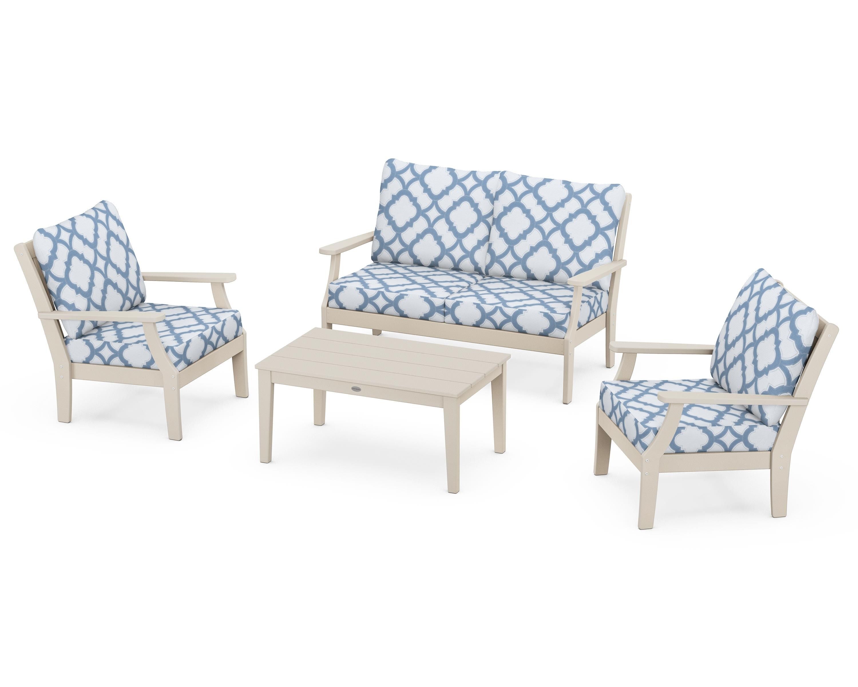 POLYWOOD® Braxton 4-Piece Deep Seating Chair Set in Sand / Trellis Sky Blue