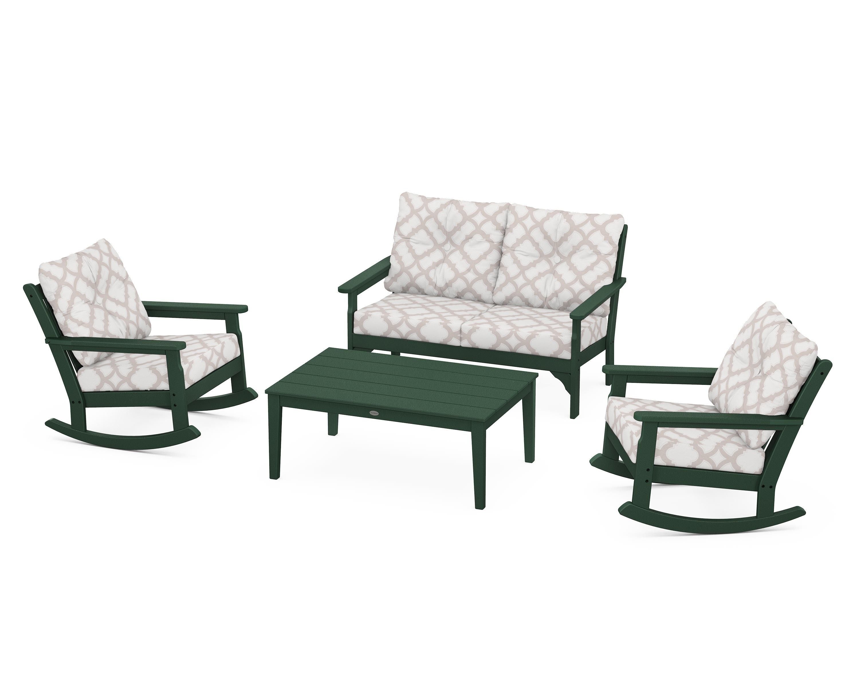 POLYWOOD® Vineyard 4-Piece Deep Seating Rocking Chair Set in Green / Trellis Dune Burlap