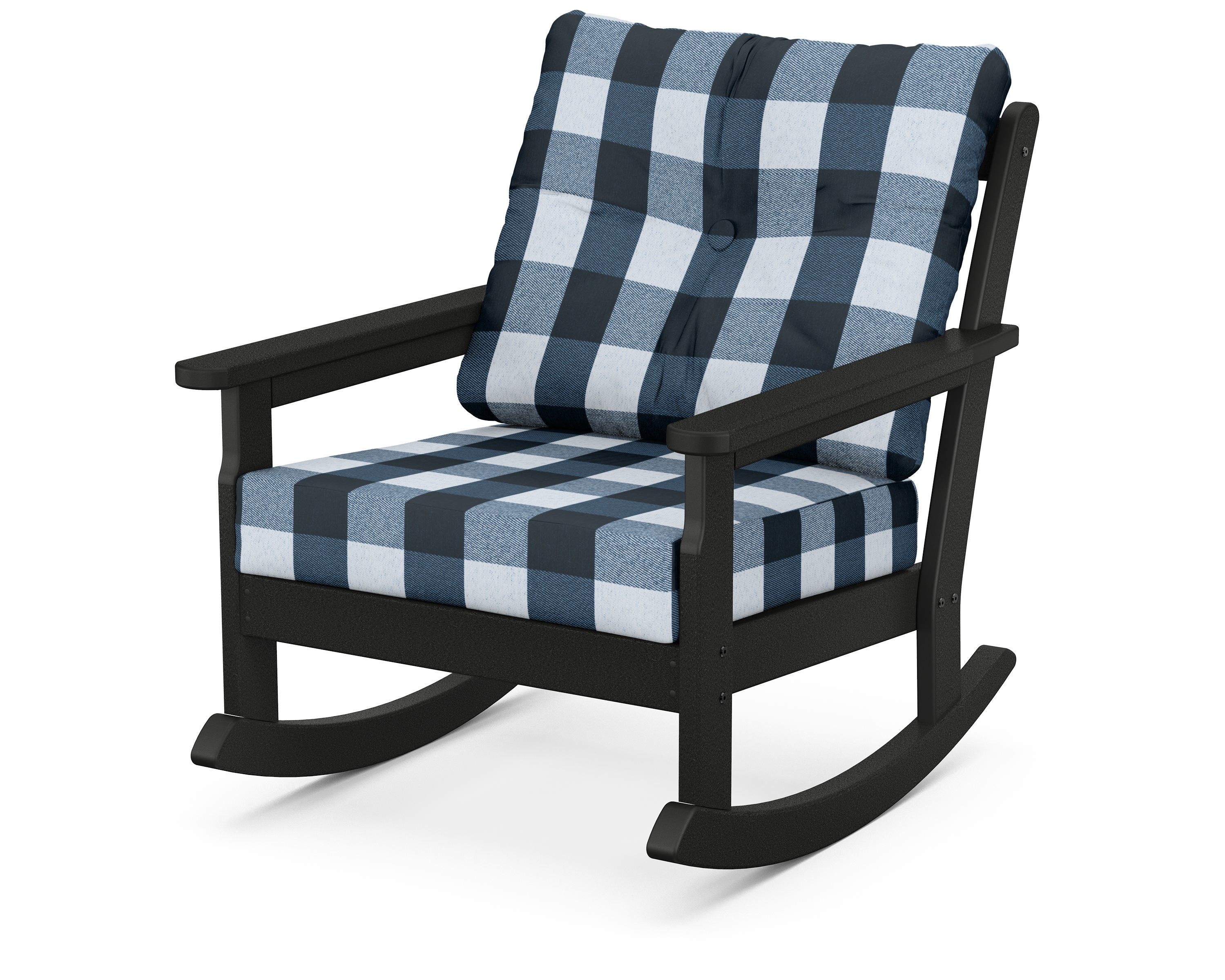 POLYWOOD® Vineyard Deep Seating Rocking Chair in Black / Buffalo Plaid Marine Indigo