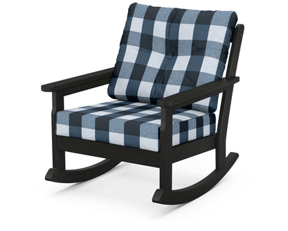 POLYWOOD® Vineyard Deep Seating Rocking Chair in Black / Buffalo Plaid Marine Indigo