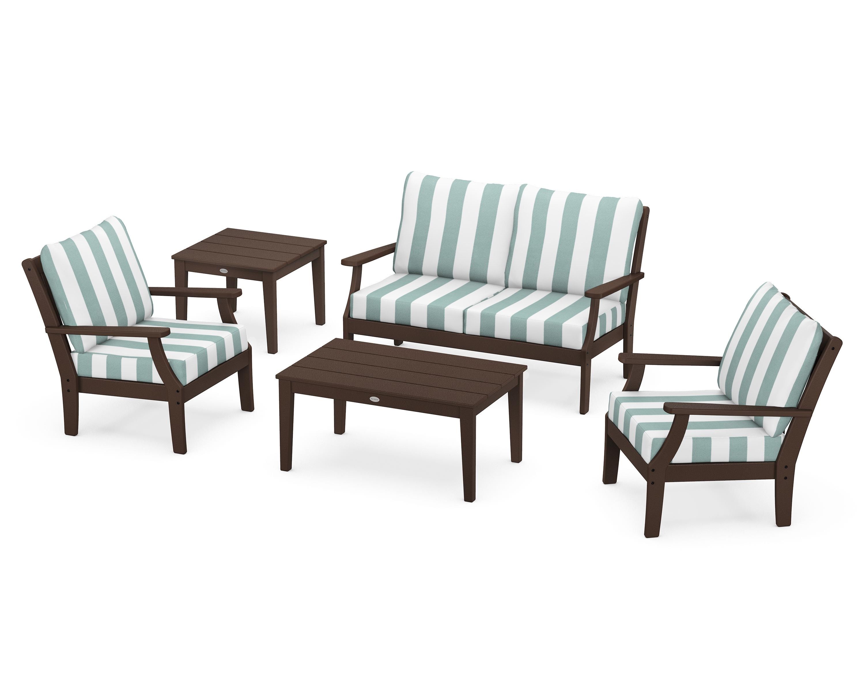 POLYWOOD® Braxton 5-Piece Deep Seating Set in Mahogany / Cabana Stripe Glacier Spa