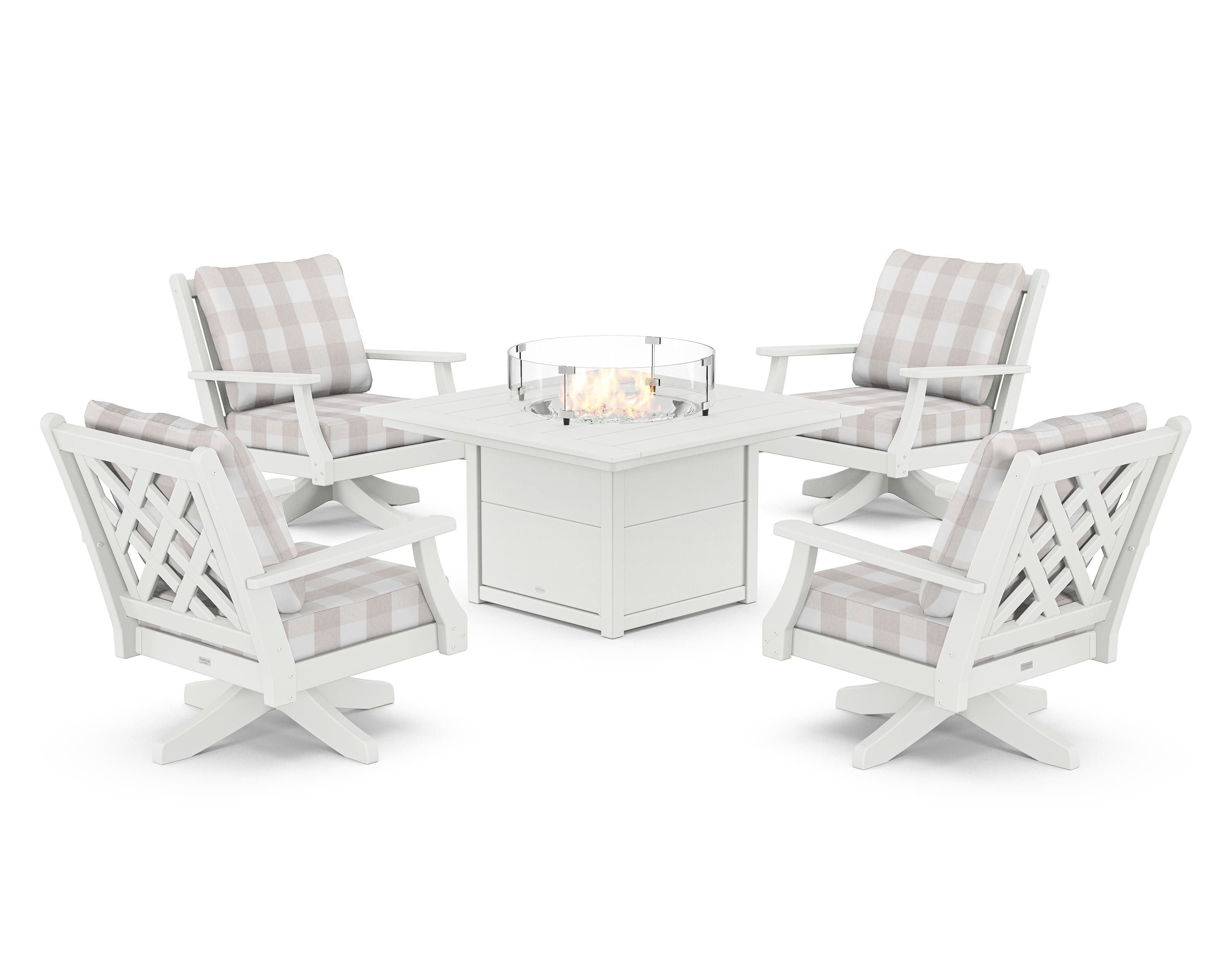 Country Living Wovendale 5-Piece Deep Seating Swivel Conversation Set with Fire Pit Table in White / Buffalo Plaid Dune Burlap