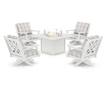 Country Living Wovendale 5-Piece Deep Seating Swivel Conversation Set with Fire Pit Table in White / Buffalo Plaid Dune Burlap