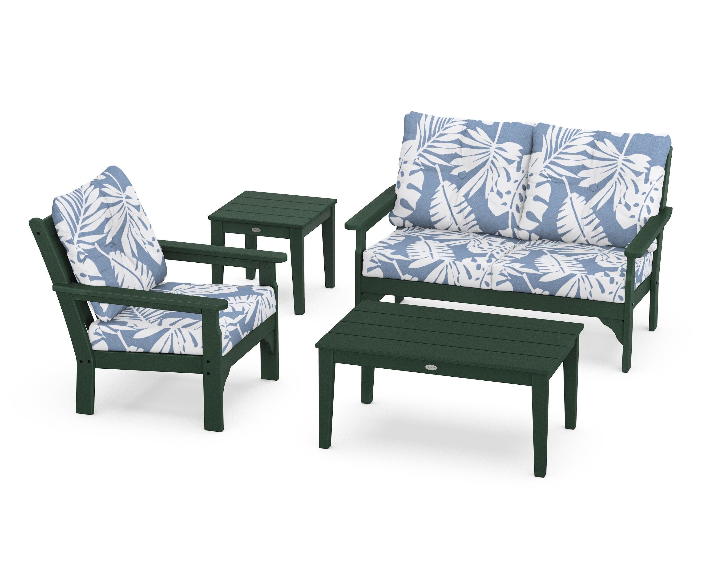 POLYWOOD® Vineyard 4-Piece Deep Seating Set in Green / Leaf Sky Blue