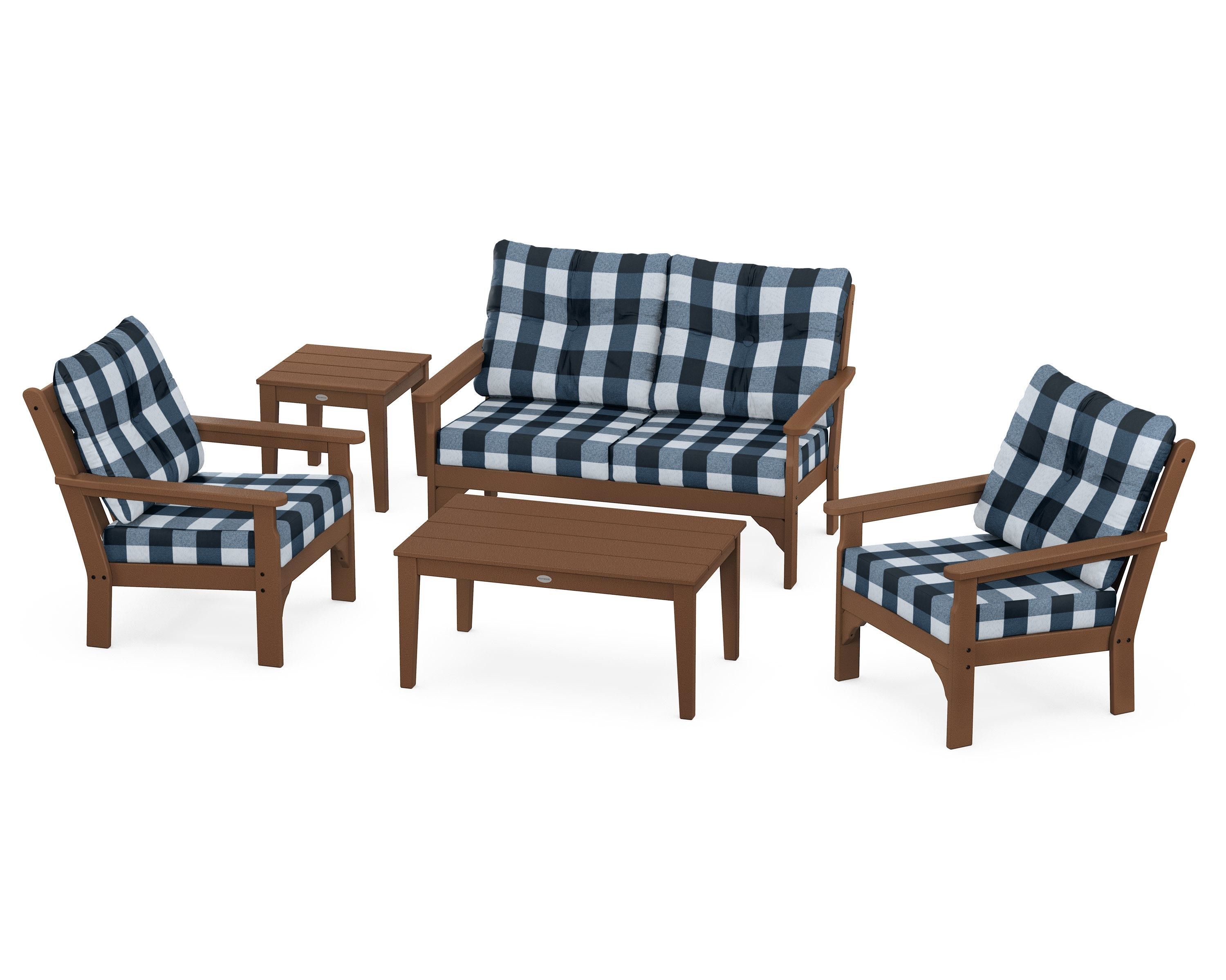 POLYWOOD® Vineyard 5-Piece Deep Seating Set in Teak / Buffalo Plaid Marine Indigo