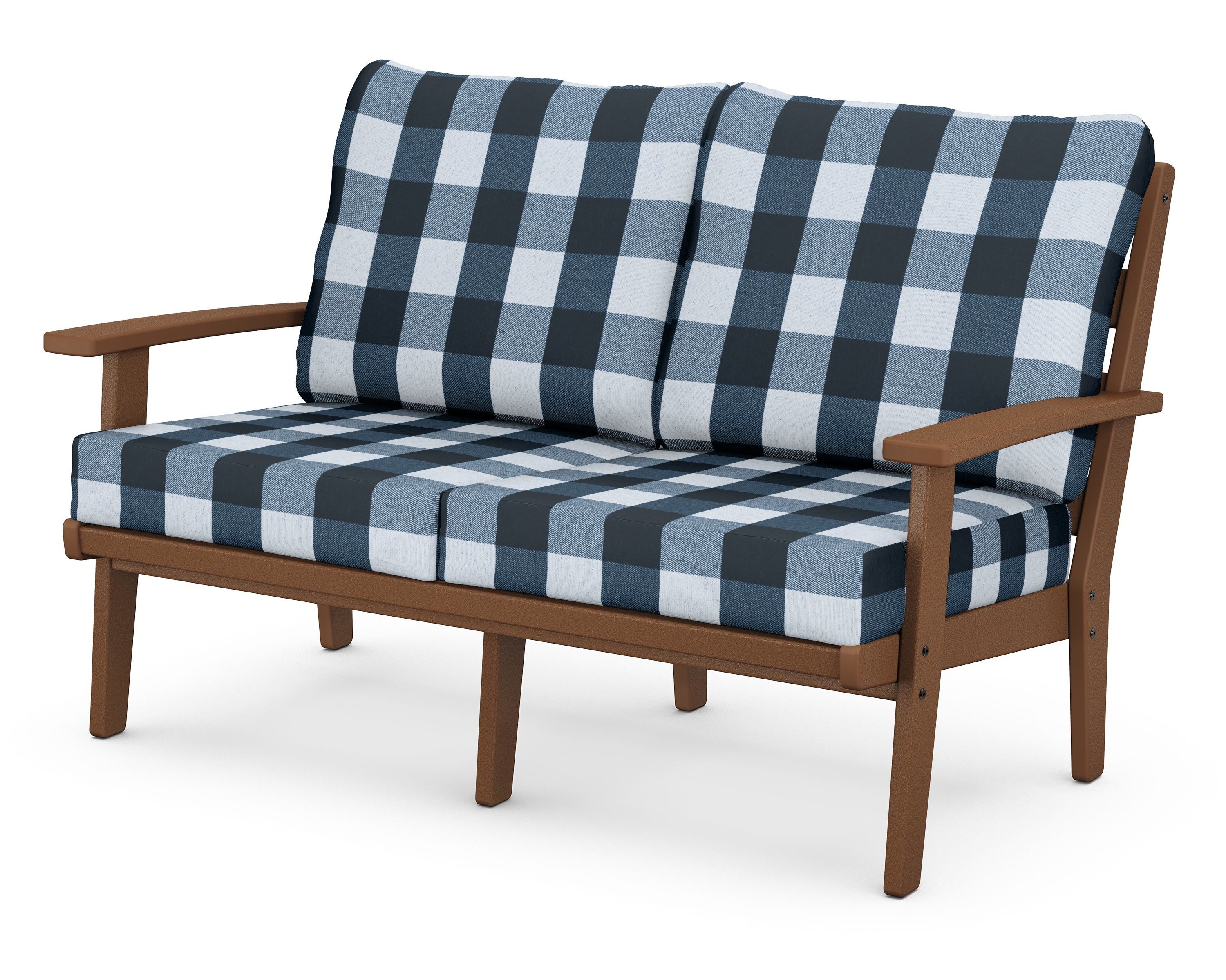 POLYWOOD® Grant Park Deep Seating Loveseat in Teak / Buffalo Plaid Marine Indigo