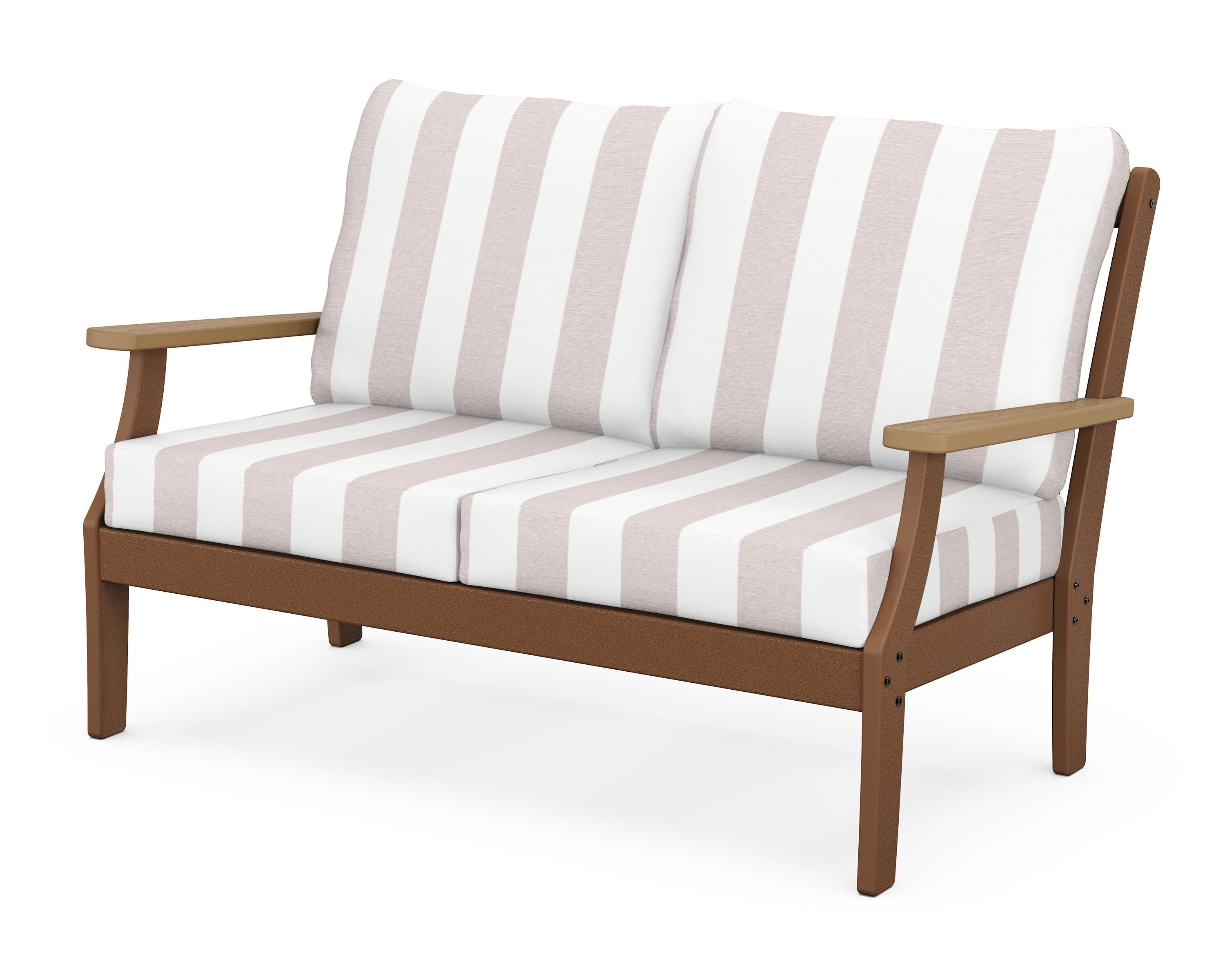 POLYWOOD® Braxton Deep Seating Loveseat in Teak / Natural / Cabana Stripe Dune Burlap