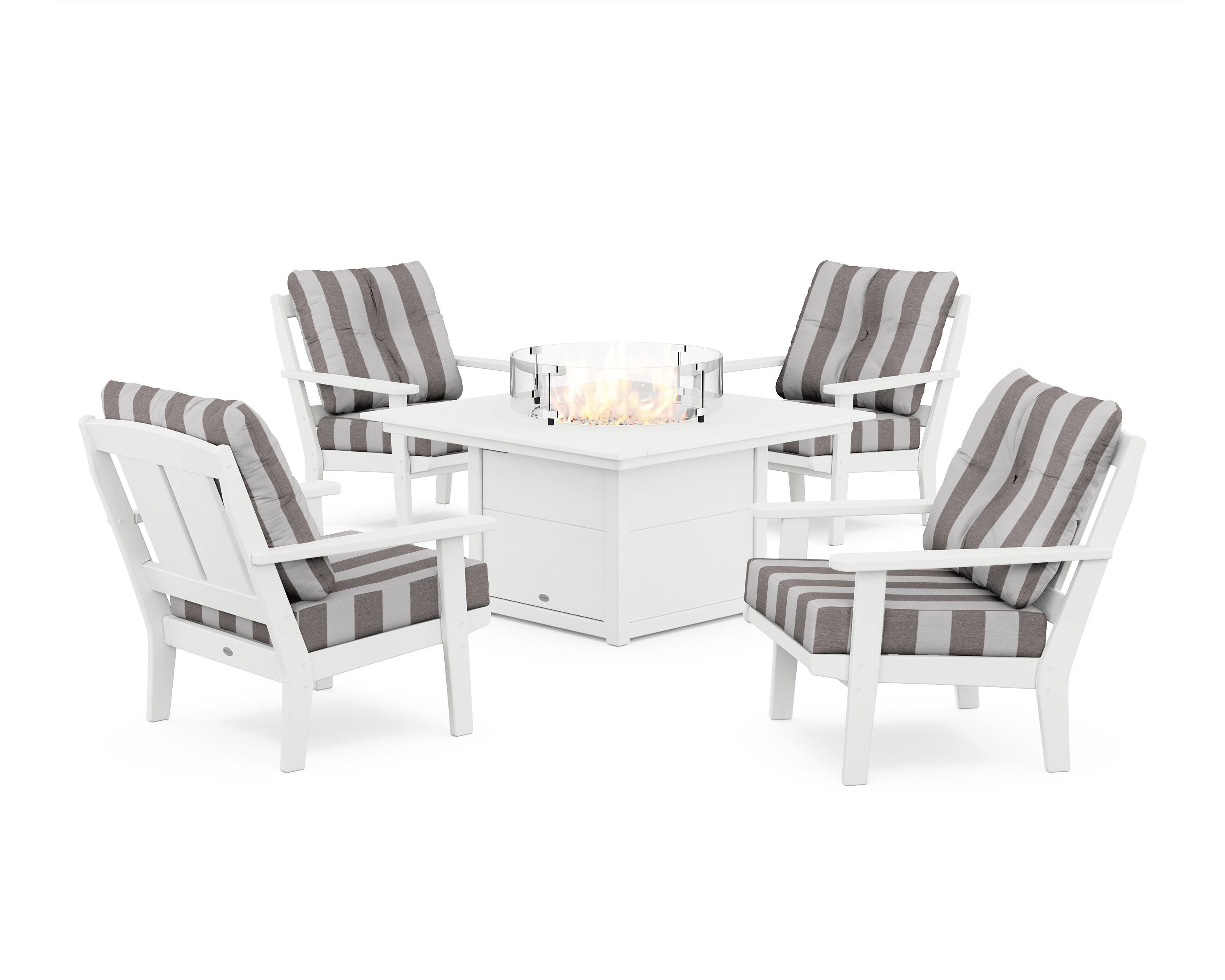 POLYWOOD® Mission 5-Piece Deep Seating Set with Fire Pit Table in White / Cabana Stripe Grey Mist