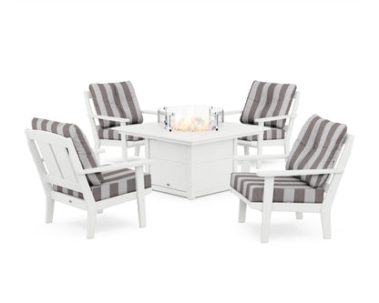 POLYWOOD® Mission 5-Piece Deep Seating Set with Fire Pit Table in White / Cabana Stripe Grey Mist