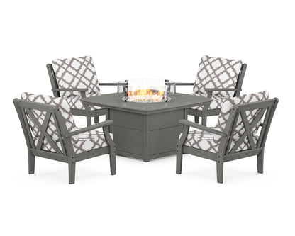 POLYWOOD® Braxton 5-Piece Deep Seating Conversation Set with Fire Pit Table in Slate Grey / Trellis Grey Mist