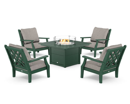 Country Living Wovendale 5-Piece Deep Seating Set with Fire Pit Table in Green / Weathered Tweed