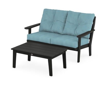 POLYWOOD® Lakeside 2-Piece Lounge Loveseat Set in Black / Lattice Sky Blue