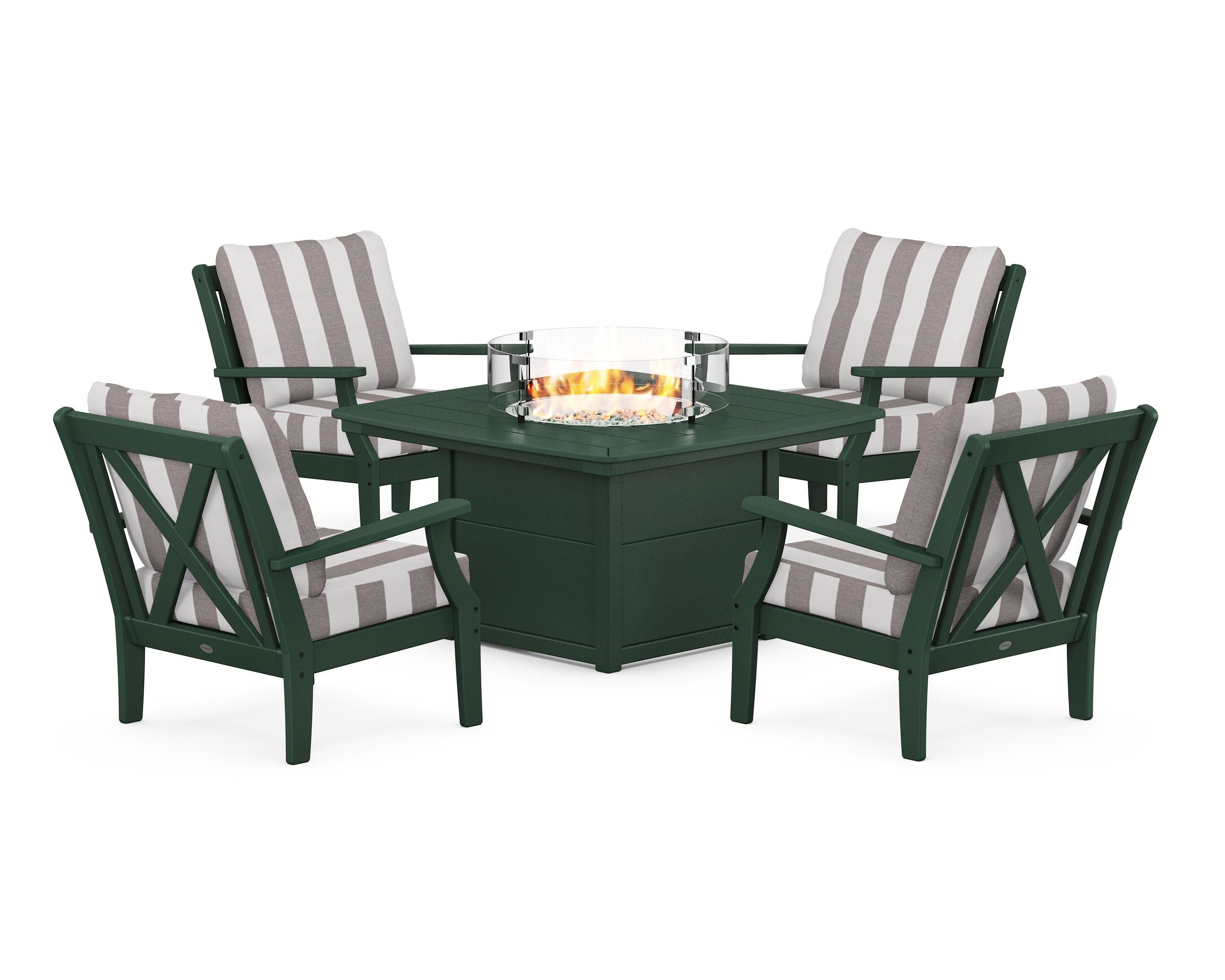 POLYWOOD® Braxton 5-Piece Deep Seating Conversation Set with Fire Pit Table in Green / Cabana Stripe Grey Mist
