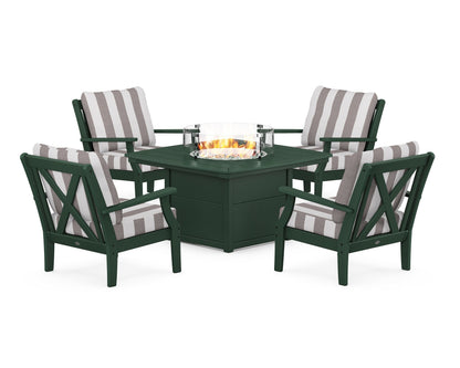 POLYWOOD® Braxton 5-Piece Deep Seating Conversation Set with Fire Pit Table in Green / Cabana Stripe Grey Mist