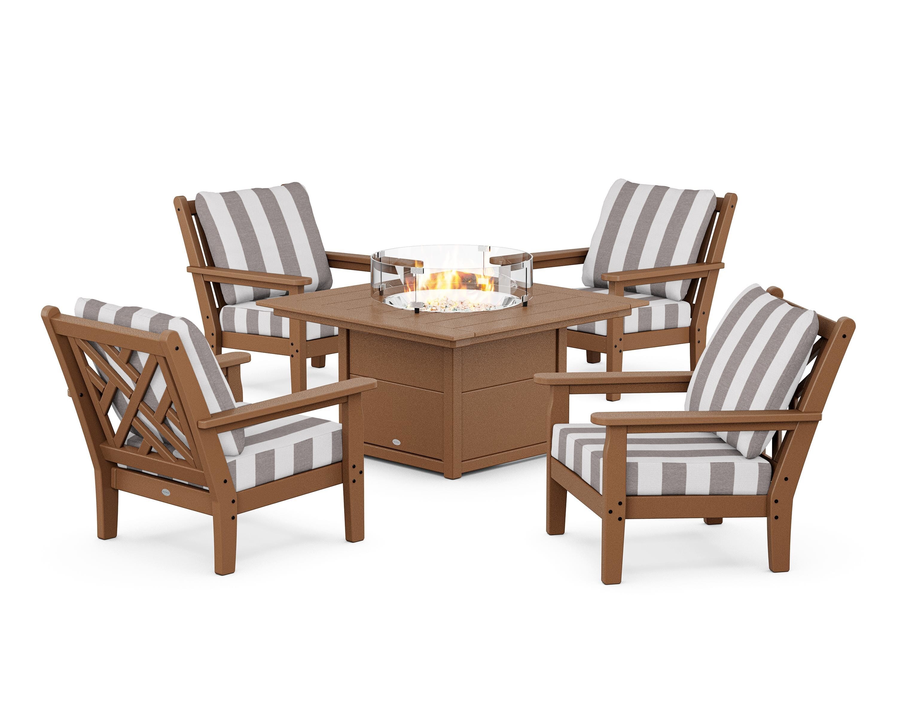 POLYWOOD® Chippendale 5-Piece Deep Seating Set with Fire Pit Table in Teak / Cabana Stripe Grey Mist