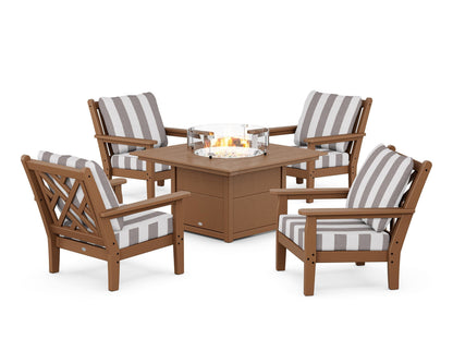 POLYWOOD® Chippendale 5-Piece Deep Seating Set with Fire Pit Table in Teak / Cabana Stripe Grey Mist