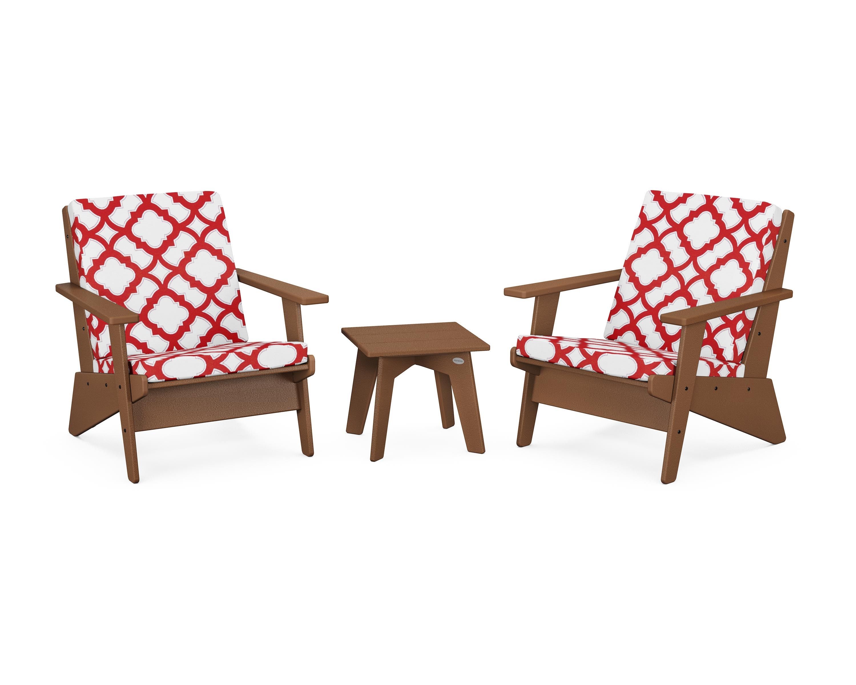 POLYWOOD® Riviera Modern Lounge 3-Piece Set in Teak / Trellis Crimson