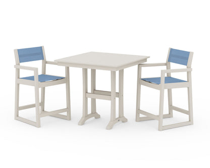 POLYWOOD® EDGE Sling Arm Chair 3-Piece Farmhouse Counter Set with Trestle Legs in Sand / Poolside Sling