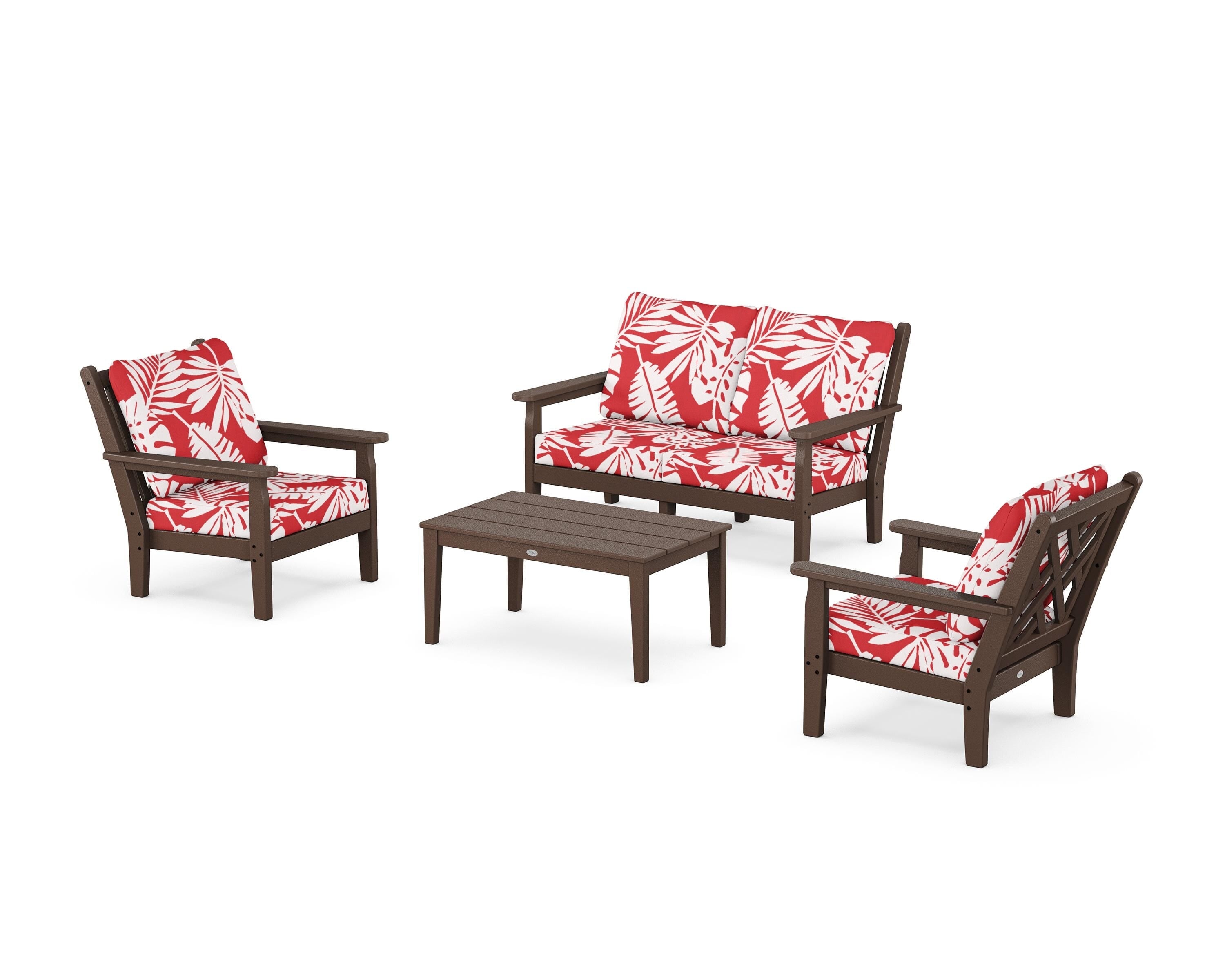 POLYWOOD® Chippendale 4-Piece Deep Seating Set with Loveseat in Mahogany / Leaf Crimson