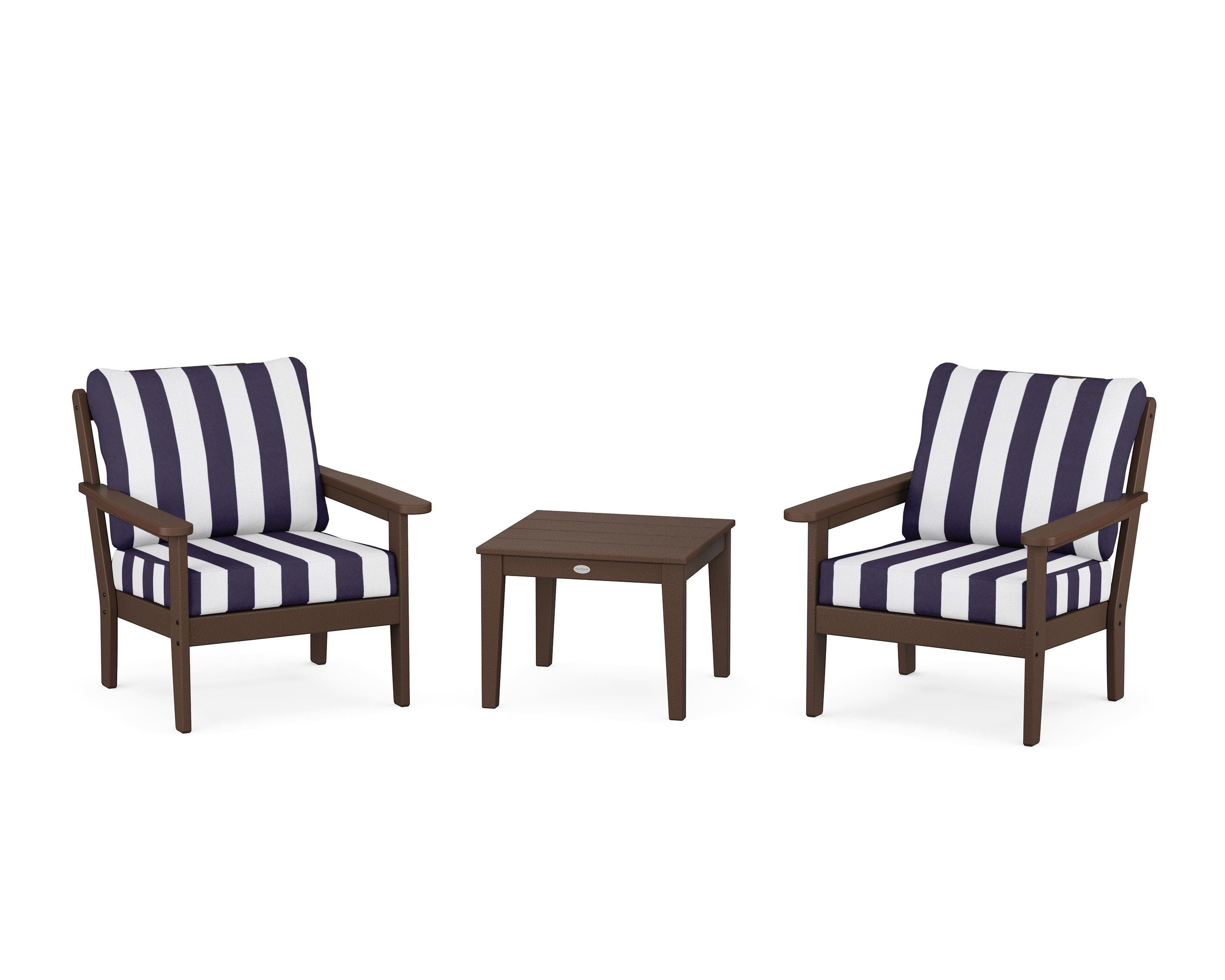 Country Living Cottage 3-Piece Deep Seating Set in Mahogany / Cabana Stripe Navy