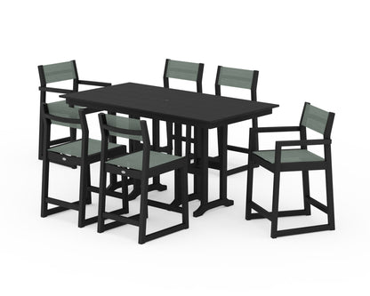 POLYWOOD® EDGE Sling 7-Piece Farmhouse Counter Set with Trestle Legs in Black / Dupioni Sea Mist Sling