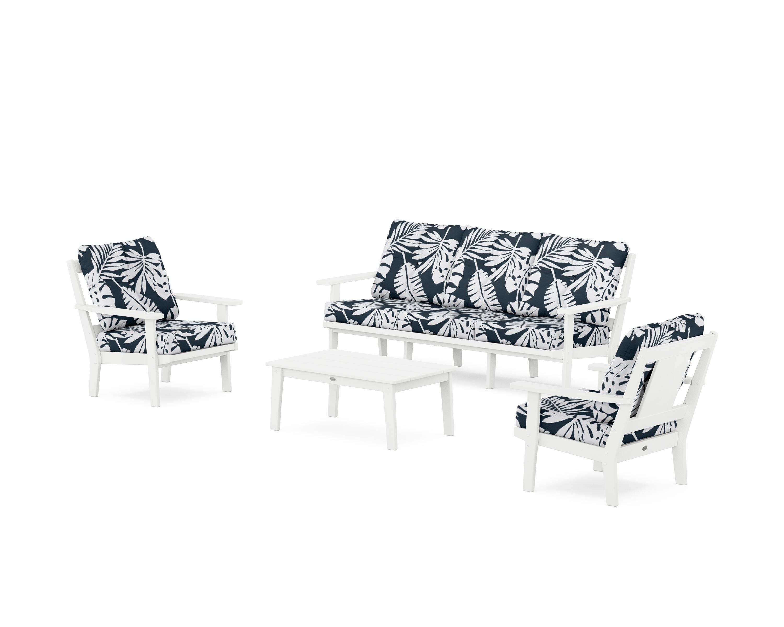 POLYWOOD® Prairie 4-Piece Deep Seating Set with Sofa in White / Leaf Marine Indigo