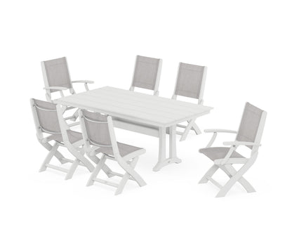 POLYWOOD® Coastal Folding Chair 7-Piece Farmhouse Dining Set with Trestle Legs in White / Parchment Sling