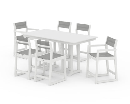POLYWOOD® EDGE Sling 7-Piece Farmhouse Counter Set with Trestle Legs in White / Metallic Sling