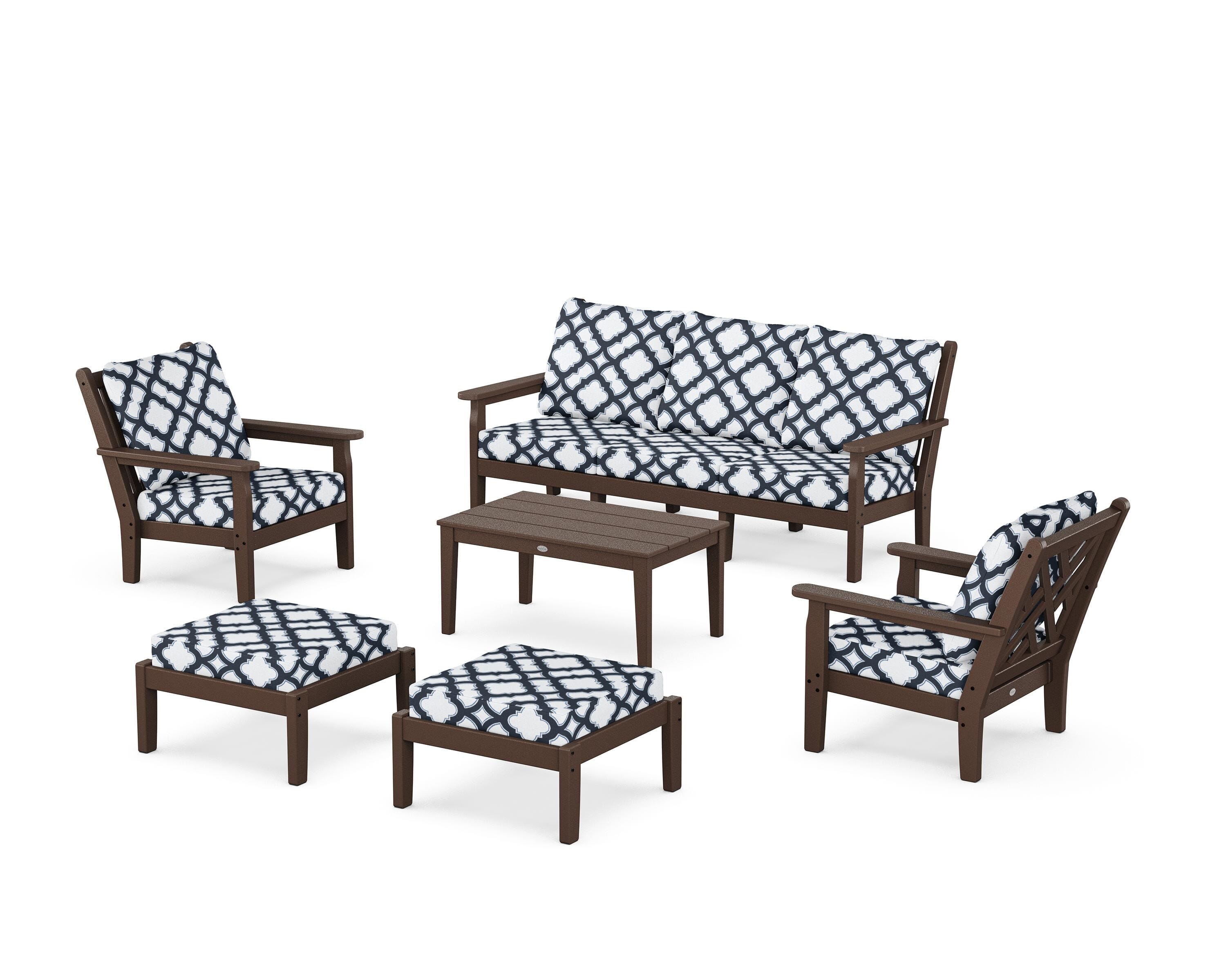 POLYWOOD® Chippendale 6-Piece Lounge Sofa Set in Mahogany / Trellis Marine Indigo