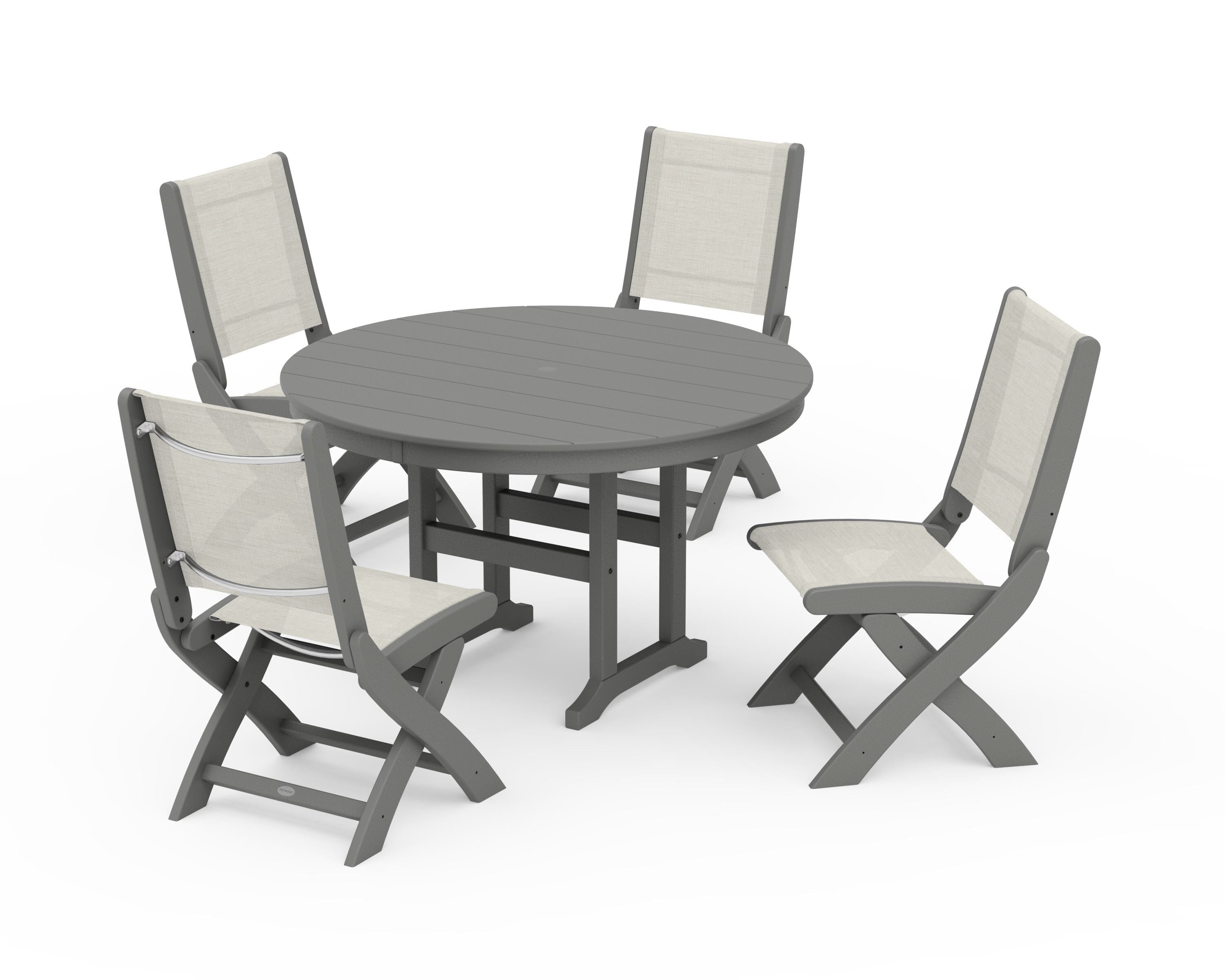 POLYWOOD® Coastal Folding Side Chair 5-Piece Round Dining Set in Slate Grey / Parchment Sling