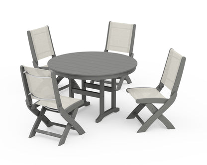 POLYWOOD® Coastal Folding Side Chair 5-Piece Round Dining Set in Slate Grey / Parchment Sling