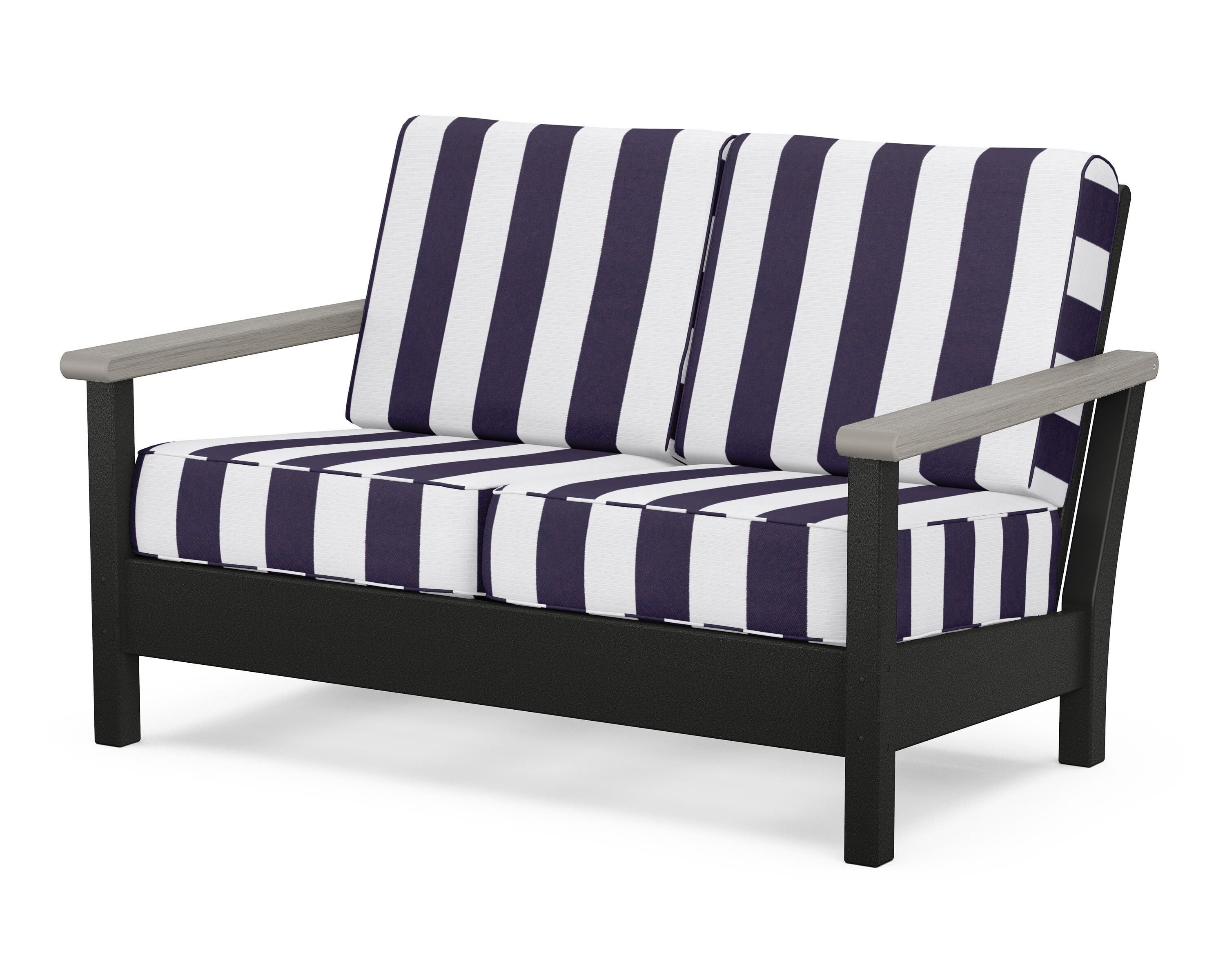 POLYWOOD® Harbour Deep Seating Loveseat in Black / Driftwood / Cabana Stripe Navy