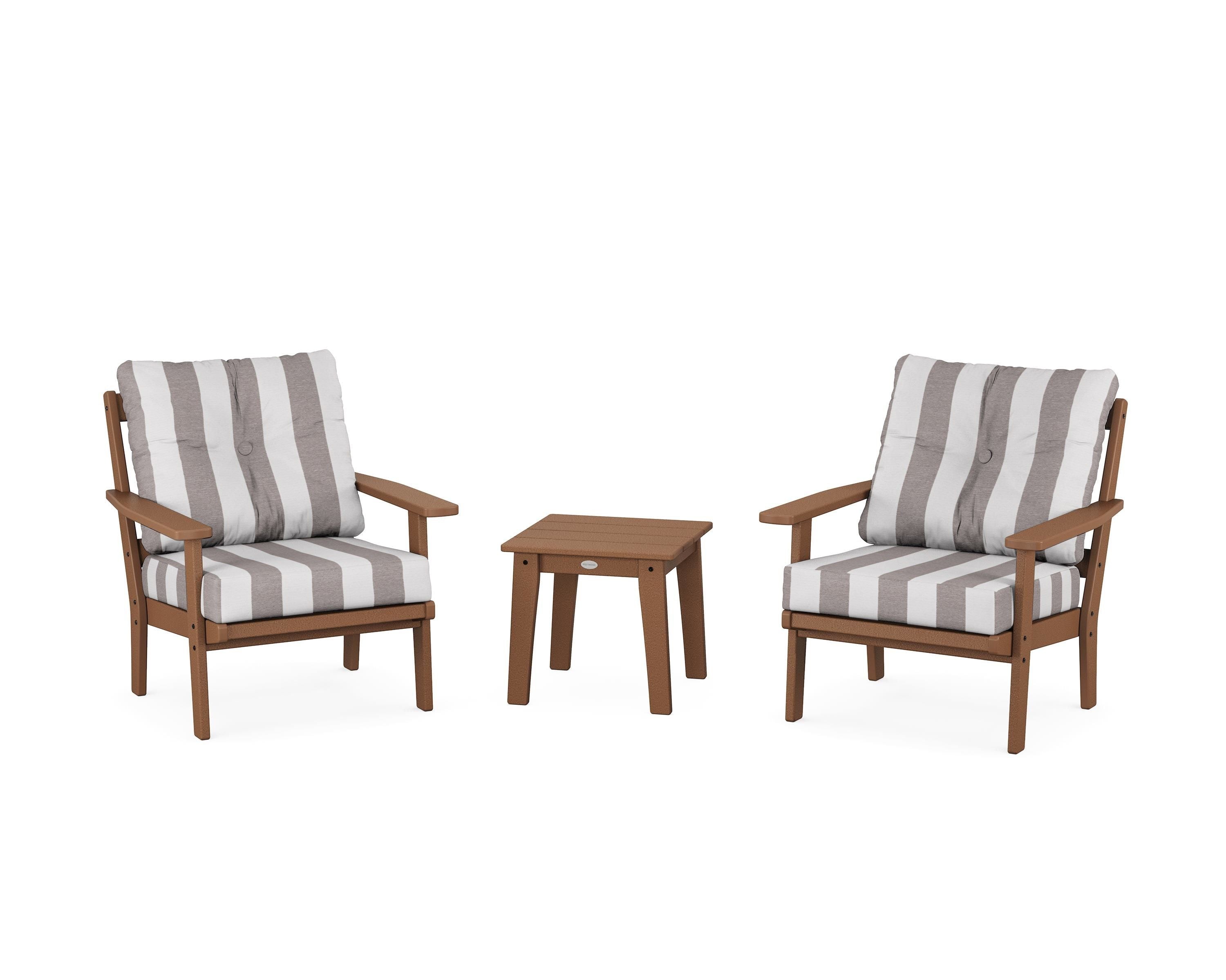 POLYWOOD® Oxford 3-Piece Deep Seating Set in Teak / Cabana Stripe Grey Mist