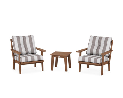 POLYWOOD® Oxford 3-Piece Deep Seating Set in Teak / Cabana Stripe Grey Mist