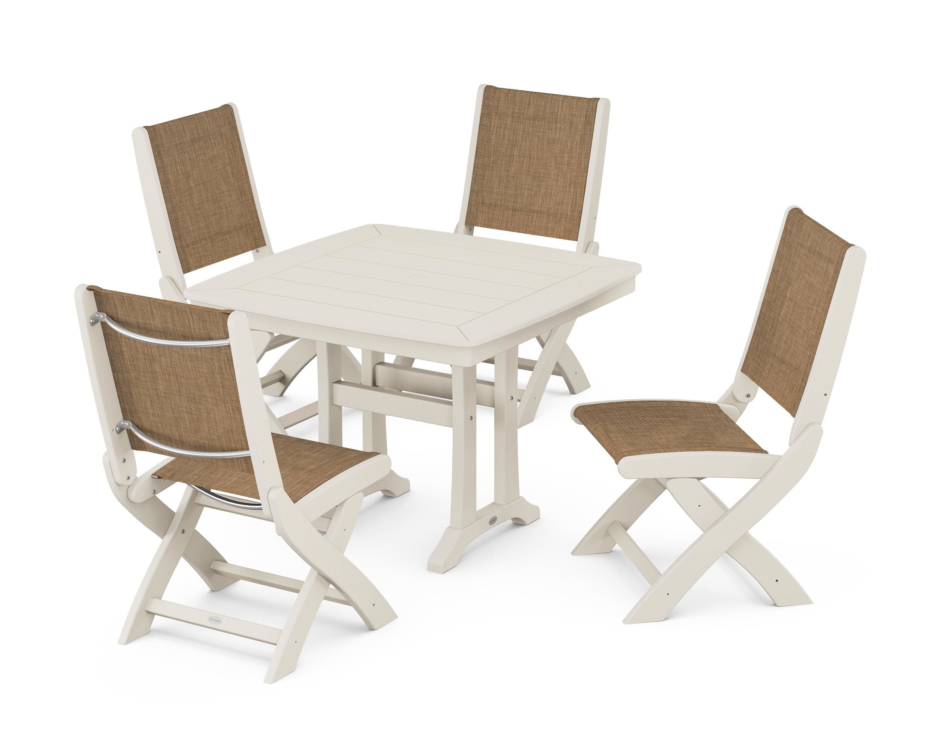 POLYWOOD® Coastal Folding Side Chair 5-Piece Dining Set with Trestle Legs in Sand / Burlap Sling