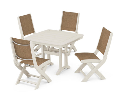 POLYWOOD® Coastal Folding Side Chair 5-Piece Dining Set with Trestle Legs in Sand / Burlap Sling