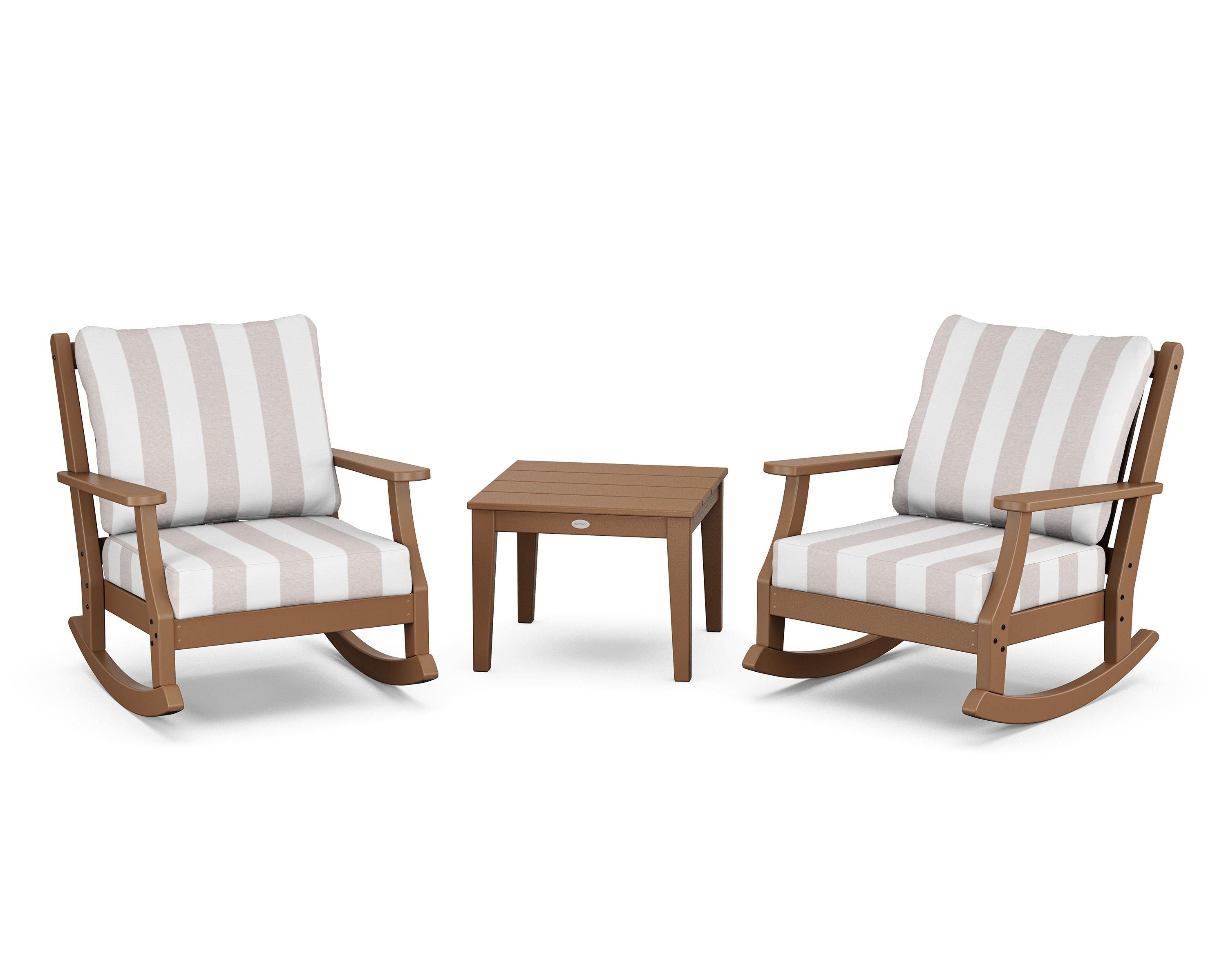 Country Living Wovendale 3-Piece Deep Seating Rocker Set in Teak / Cabana Stripe Dune Burlap