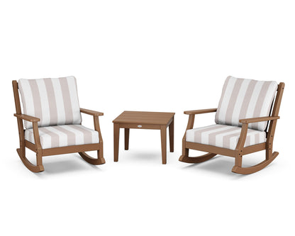 Country Living Wovendale 3-Piece Deep Seating Rocker Set in Teak / Cabana Stripe Dune Burlap
