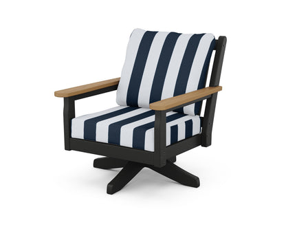 POLYWOOD® Chippendale Deep Seating Swivel Chair in Black / Natural / Cabana Stripe Marine Indigo