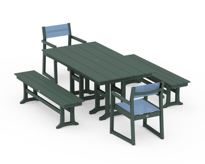 POLYWOOD® EDGE Sling Arm Chair 5-Piece Farmhouse Dining Set with Benches in Green / Poolside Sling