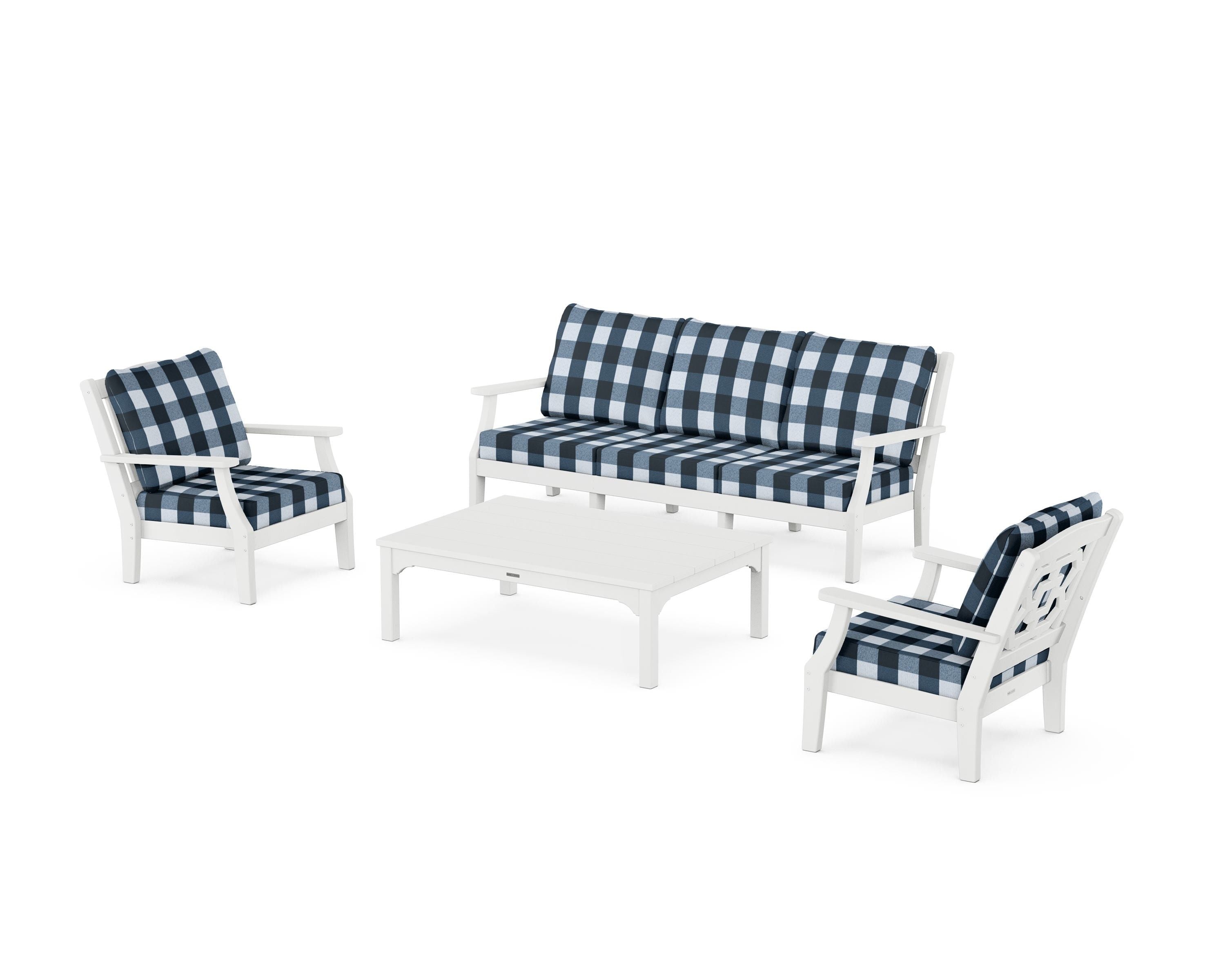 Martha Stewart by POLYWOOD® Chinoiserie 4-Piece Deep Seating Set with Sofa in White / Buffalo Plaid Marine Indigo