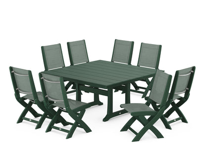 POLYWOOD® Coastal Folding Side Chair 9-Piece Farmhouse Dining Set in Green / Dupioni Sea Mist Sling