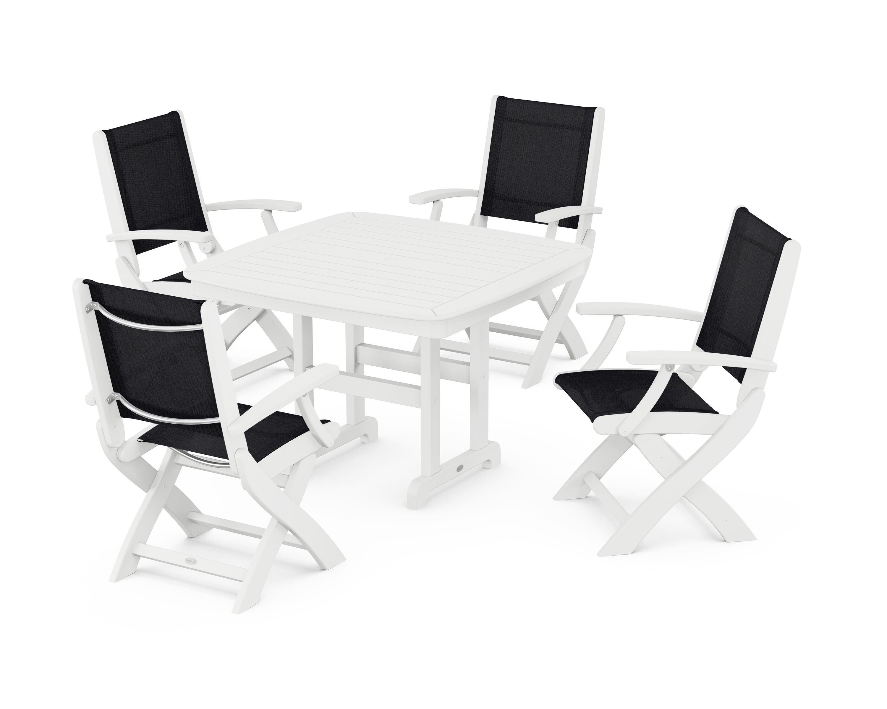 POLYWOOD® Coastal Folding Chair 5-Piece Dining Set in White / Black Sling