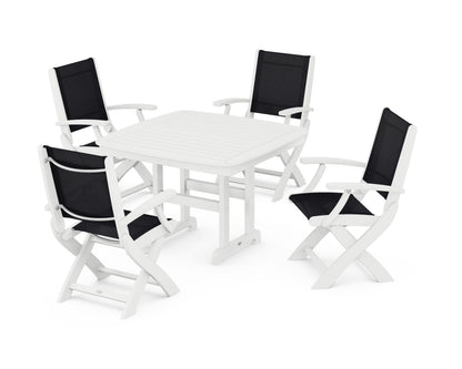 POLYWOOD® Coastal Folding Chair 5-Piece Dining Set in White / Black Sling